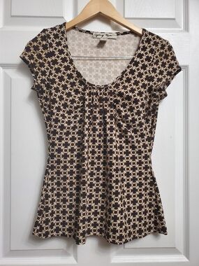Cydney Mar Brown & Cream Geometric Cap-Sleeve Women's Top - SIZE S